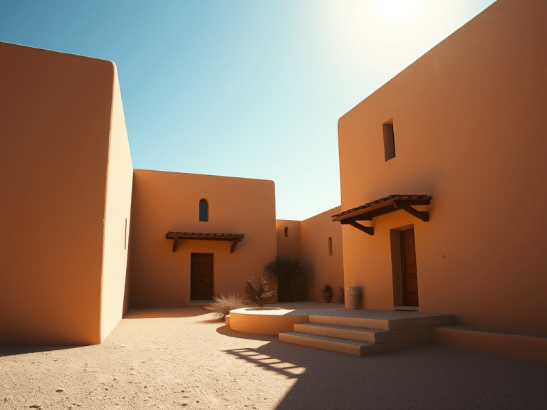 southwestern adobe architecture with earth tone walls and desert landscape under bright sunlight
