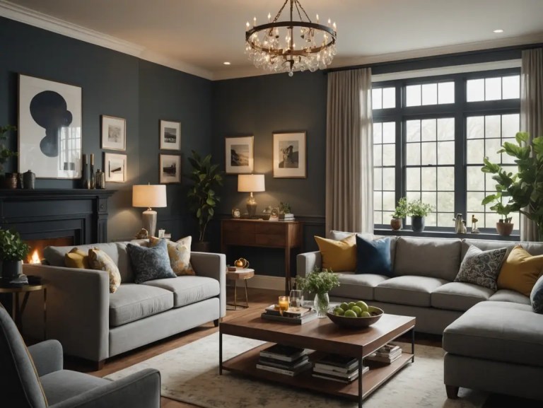 Modern living room with layered lighting, balanced furniture layout, and warm neutral tones demonstrating thoughtful interior design