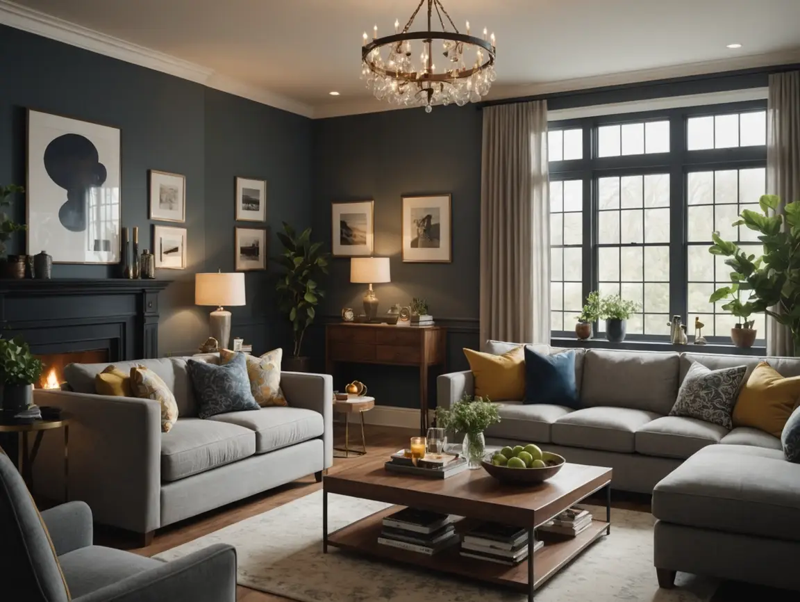 Modern living room with layered lighting, balanced furniture layout, and warm neutral tones demonstrating thoughtful interior design