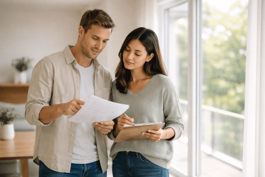 First-time homebuyer couple reviewing documents in a bright modern home interior near a large window